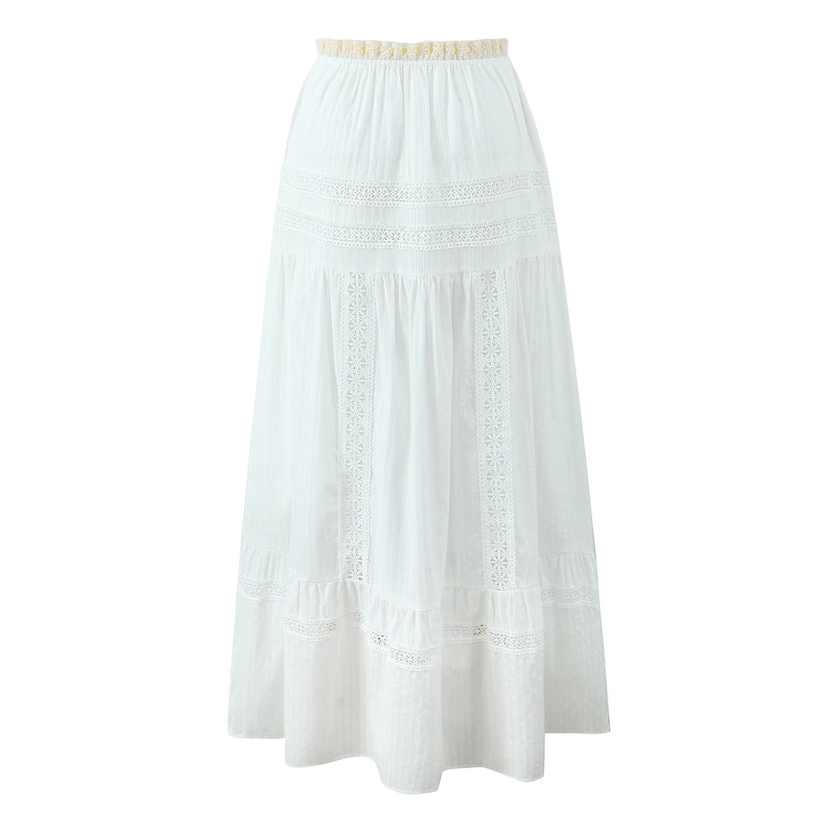 2025 White Spliced Lace Yellow Ribbon Bow Corset Tank Top + Sexy Women Elastic Waist A-line Midi Long Cake Skirt 2 Pieces 1 Set
