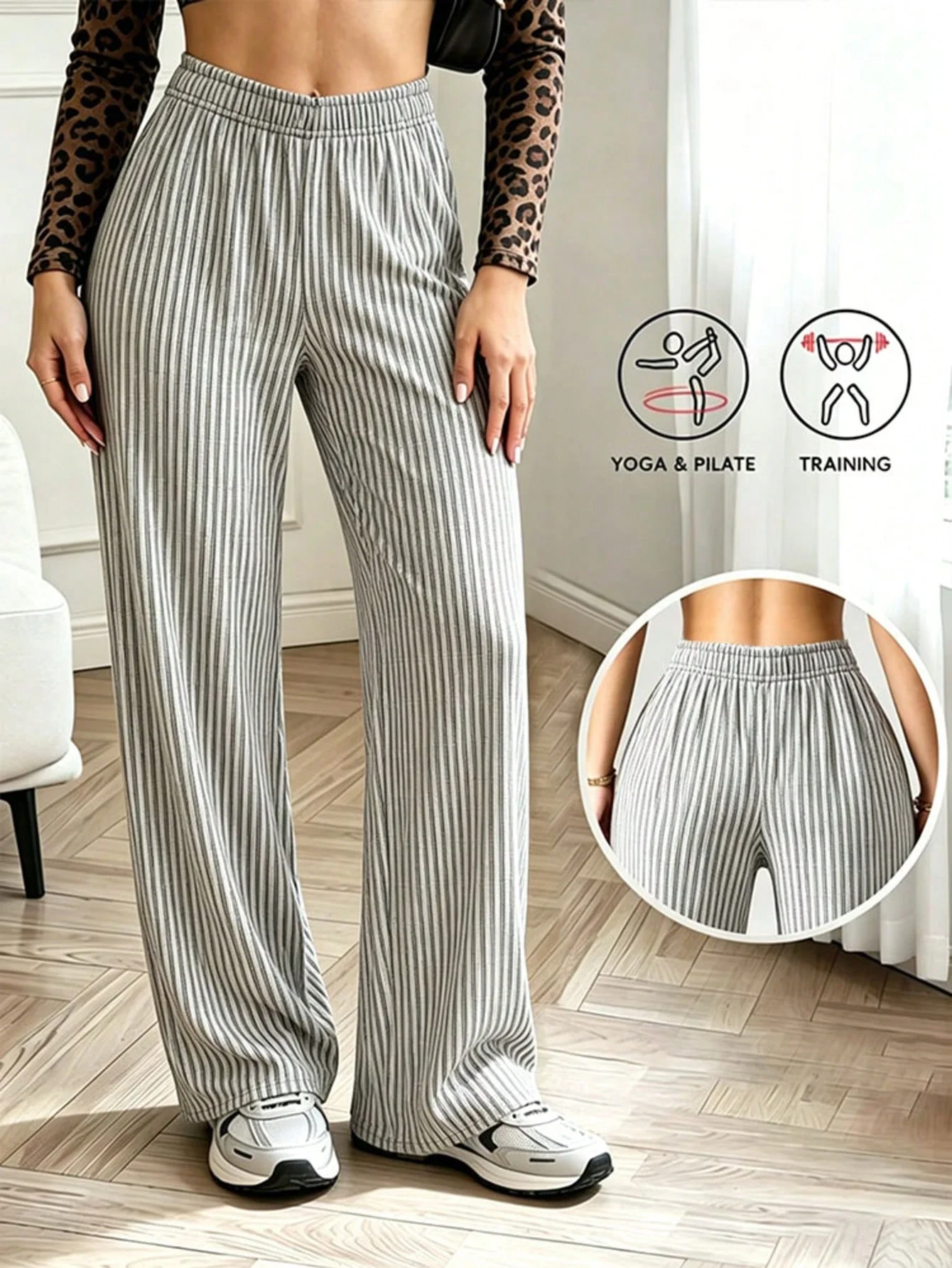 

Womens Striped Straight Leg Casual Pants Ice Silk Draped Elastic Sports Leggings Summer Vacation Outfits GymYoga Running Bottoms