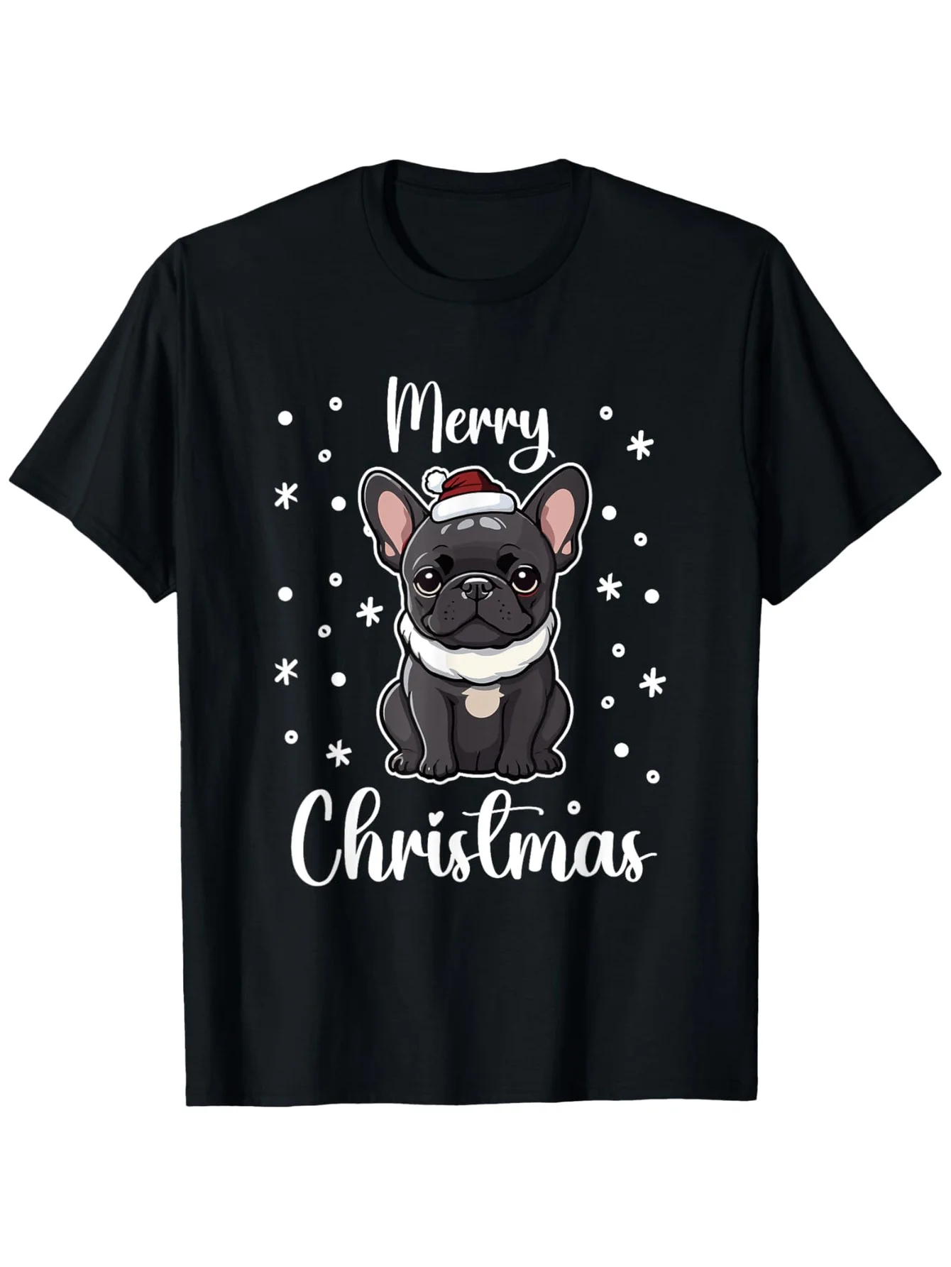 تي شيرت ench Bulldog Santa Claus Christmas Tree Snowflakes Snow T-shirt عطلة كاجوال هدية للأصدقاء والعائلة #1
