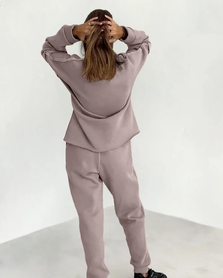 Pants Sets Two Pieces Set Women Tracksuit O Neck Hoodies Elastic Waist Pencil Pants Pullover Solid Pockets High Street Spliced