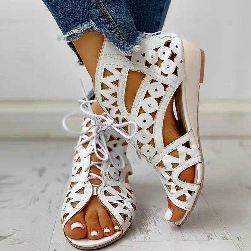 NewFashionHollow Out Women Gladiator Sandals Vintage Lace Up Low Heel Wedges Summer Shoes for Woman Open ToeZipper Women Sandals