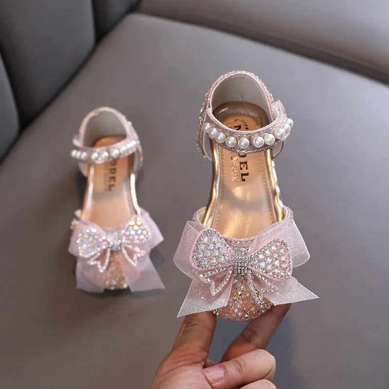 2024 Summer Girls Sandals Dance Party Shoes Spring New Fashion Rhinestones Pearl Bow Kids Princess Shoes Children Sandals H127