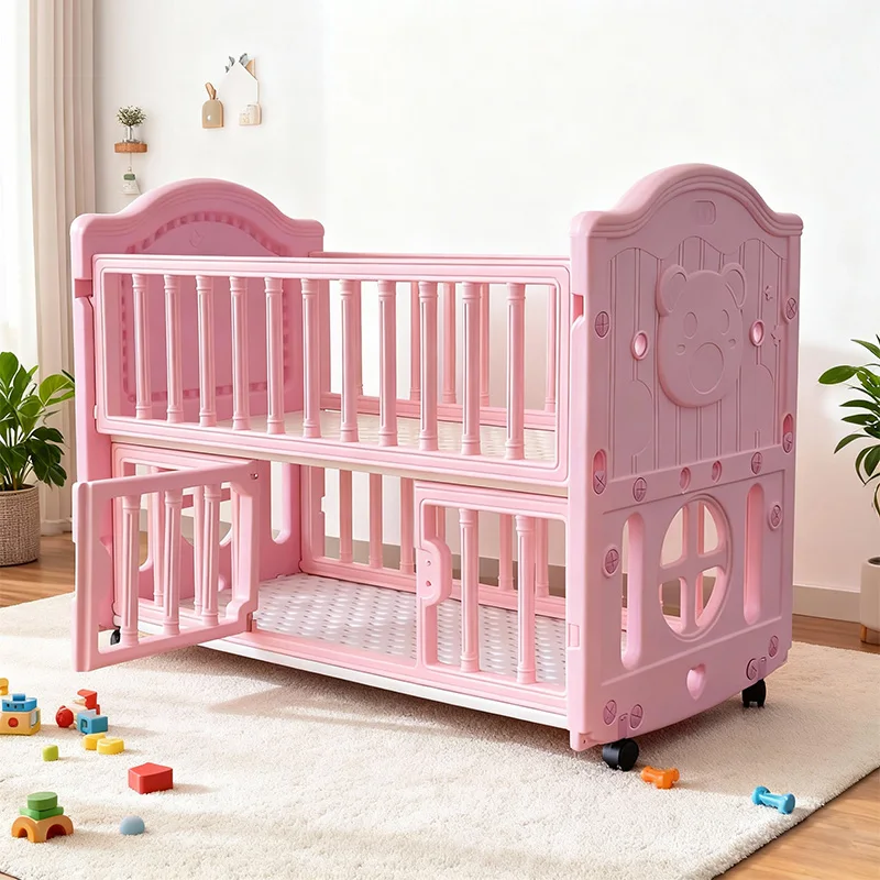 

Трансформируемая бело-розовая портативная многофункциональная пластиковая кроватка для новорожденных с выдвижными ящиками для хранения