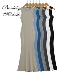Crewneck Sexy Summer High Strecth Long Dress for Women Pullover Sleeveless Bodycon Dresses