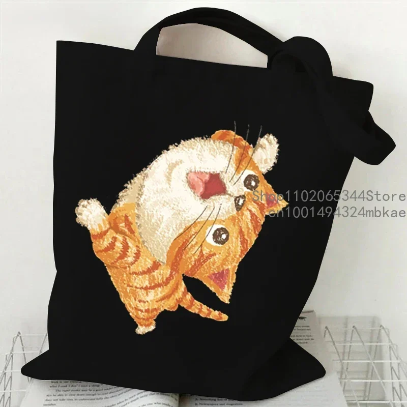 Canvas Tote Bag Women\'s Cute Comic Cats Shoulder Bag Student Portable Designer Shopping Bags Cartoon Kitten Men Casual Handbags