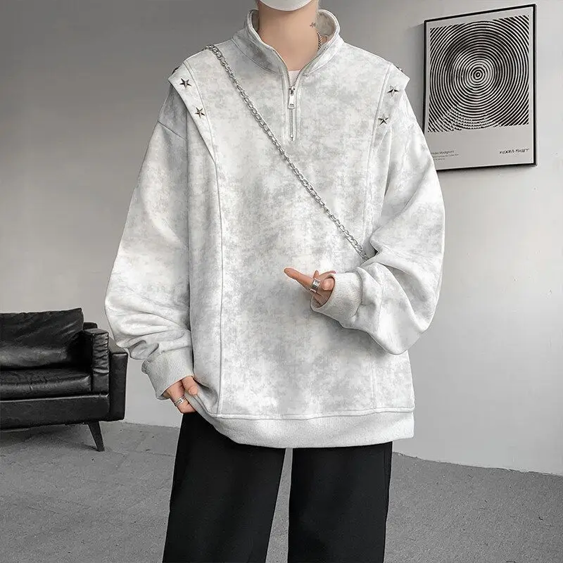 Men's Vintage Tie Dye Half Zip Sweatshirt Star Rivet Stand Collar Deconstructed Pullover Streetwear Y2K Hip Hop Casual Cool Tops