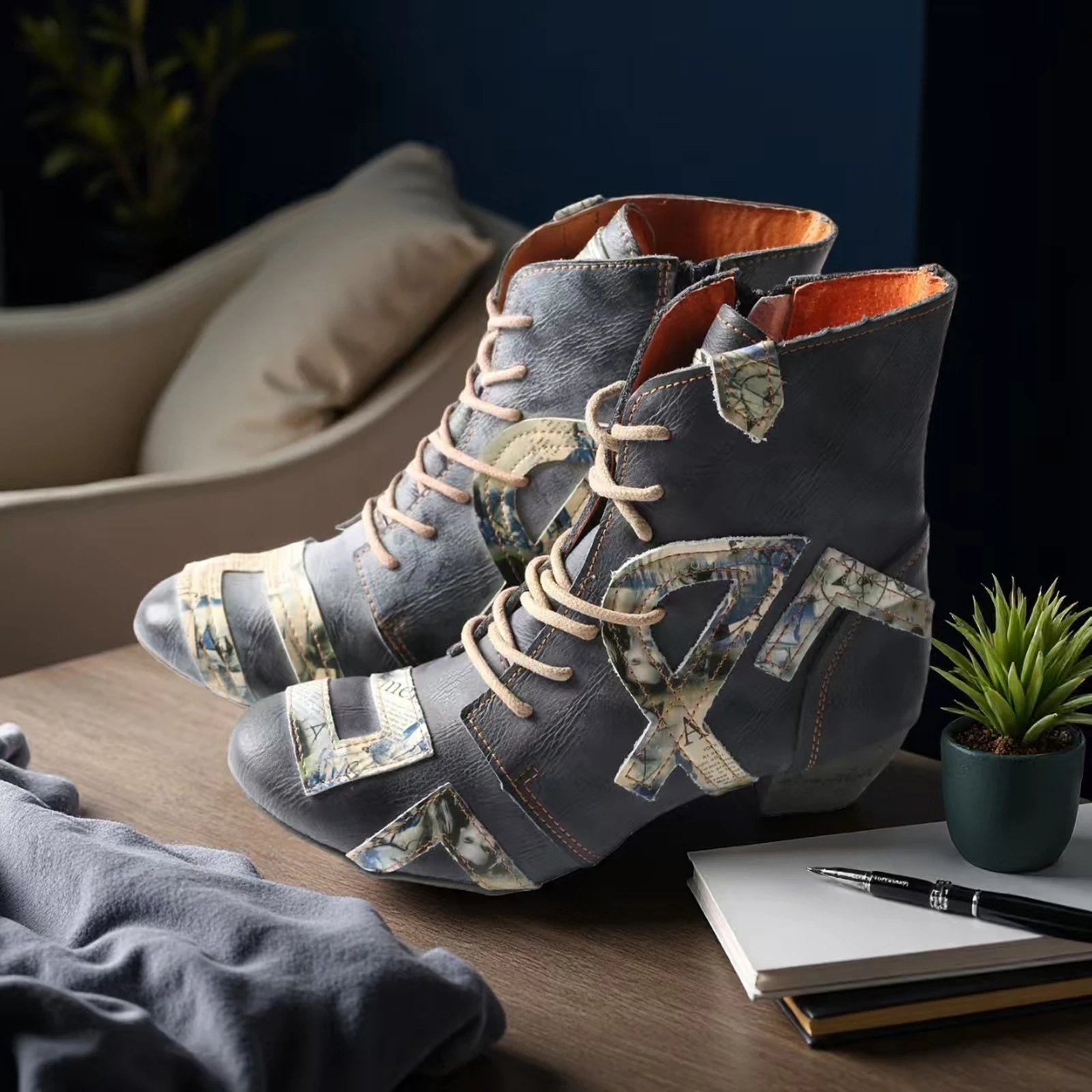 SHOELAND Fashion Niche Newspaper Pattern Decal Leather Women's Handmade Sewn Boots