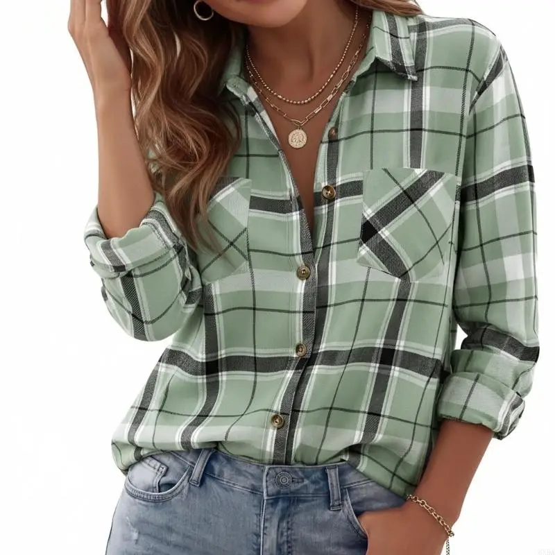Women's flannel long-sleeved button-down casual autumn top. Lightweight and loose-fitting flannel shirt, suitable for business