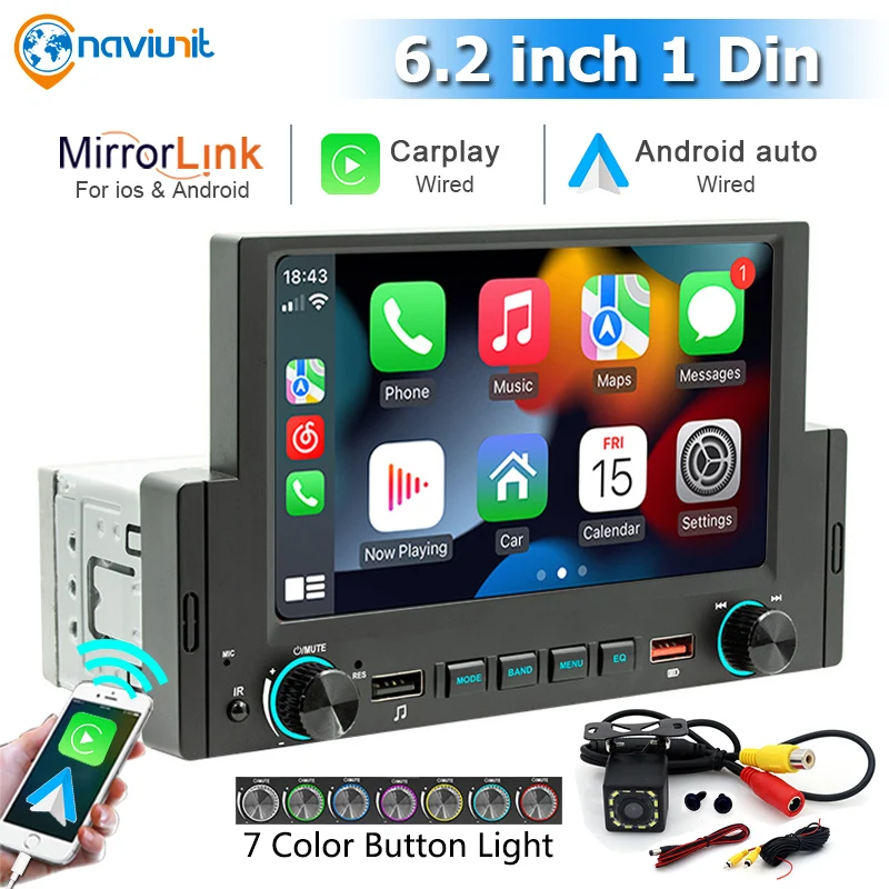 

6.2" Screen Car Radio Stereo Bluetooth 5.1 Carplay Music Player Android-Auto USB charging Mirror Link Support Rear View Camera