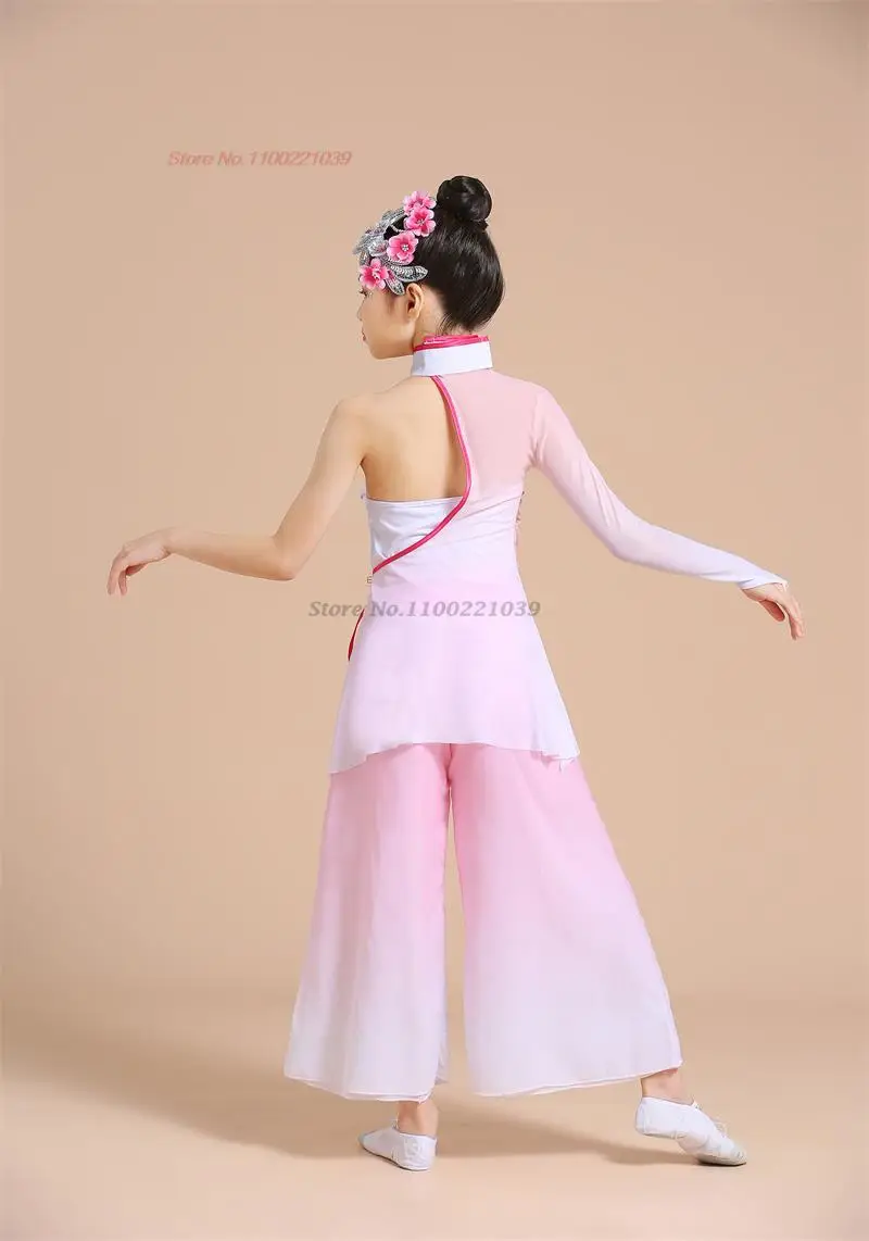 Zestaw ubrań do tańca ludowego dla dzieci w stylu vintage z 2025 roku: tradycyjny strój qipao z siateczki, top + spodnie, ubrania do ćwiczeń i występów scenicznych.