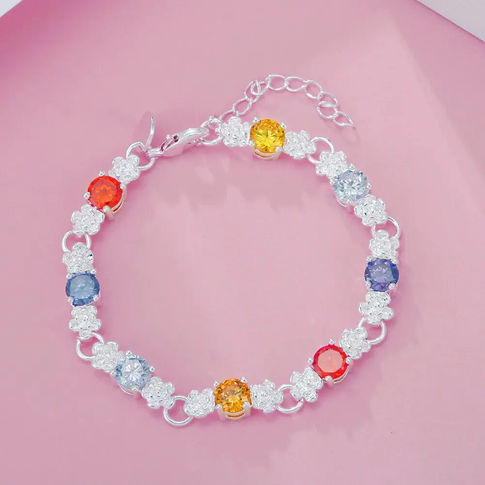 

Hot new 925 Sterling Silver Classic Luxury Colored Crystal Bracelet for Women Fashion Party Wedding Accessories Jewelry Gifts