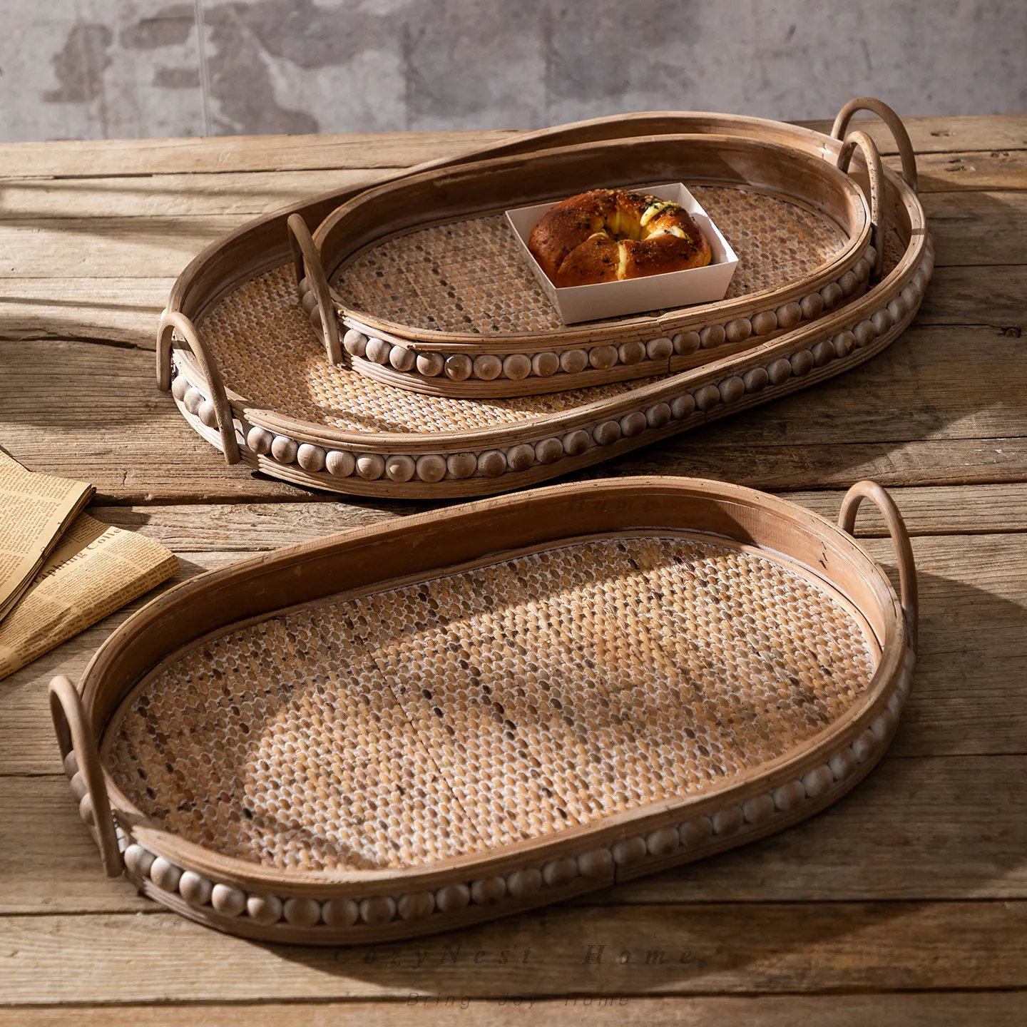 Rattan tray Japanese desktop storage decorative tray rectangular fruit tray tea  solid wood plate