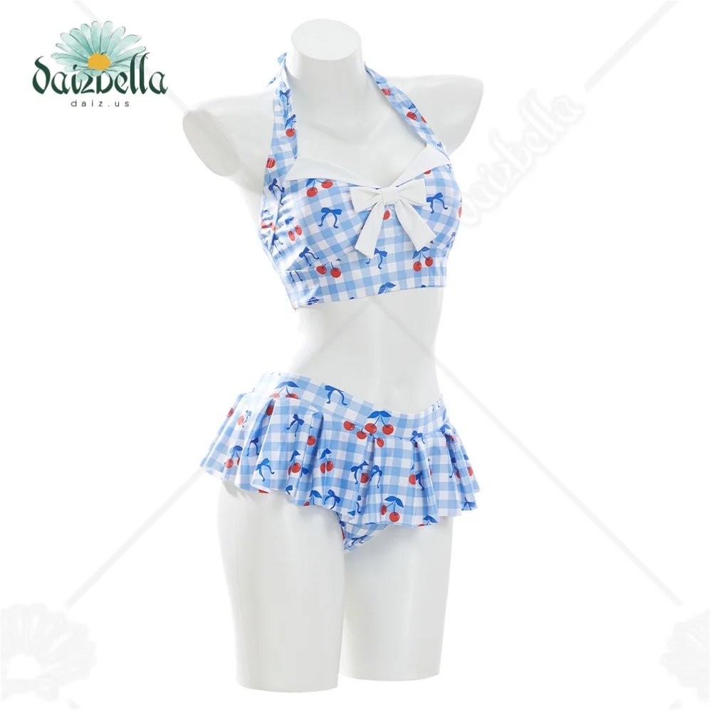 US Stock Daizbella Women's Bikini Sets 50's Retro Vintage High Waist Plaid Self-Halter Bathing Suit with Hairband