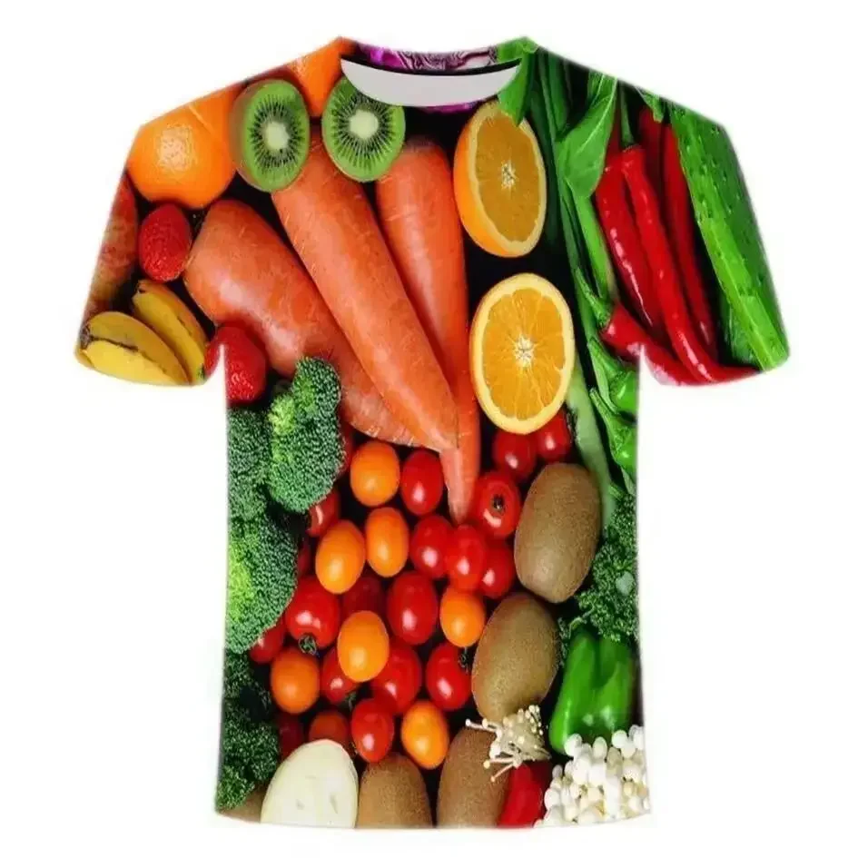 T-shirt manches courtes col rond pour homme, estival et confortable, avec impression 3D de légumes et de fruits