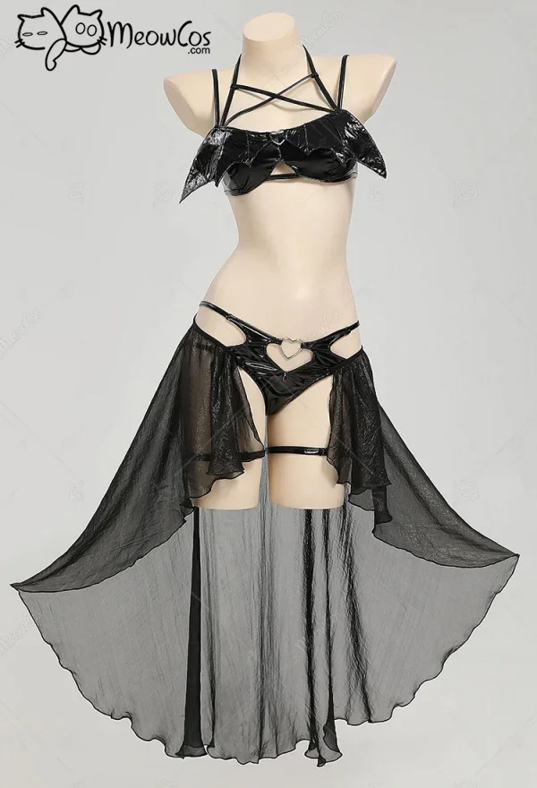 

Meowcos Halloween Gothic Bat Cosplay Costume Women Lingerie Set Chest Cutout Two-Piece Lingerie with Bra Socks and Gloves