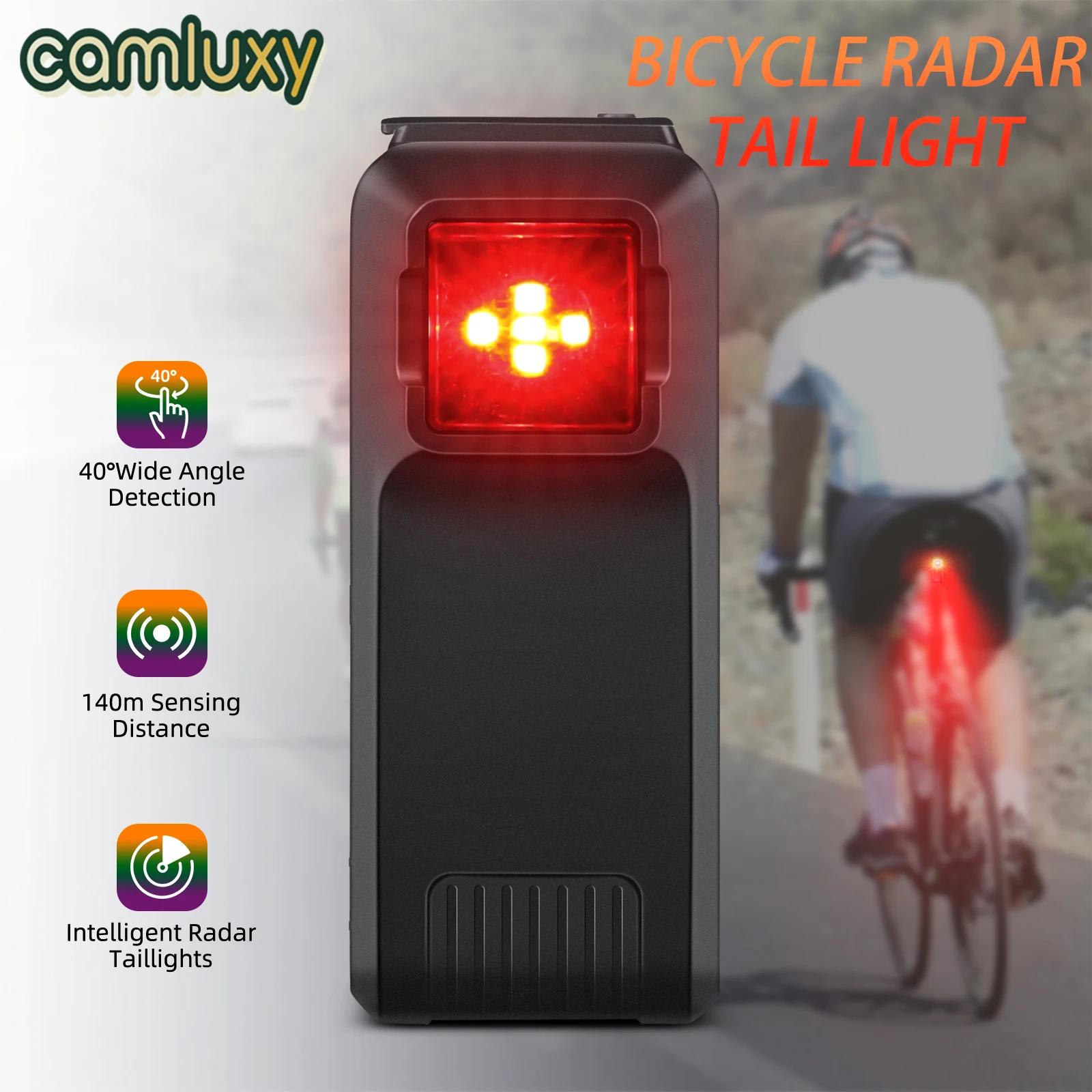 Camluxy Bicycle Radar Tail Light 40° Viewing Angle Bike Rearview Sensor Vehicle Approaching Warning Cycling Rear Brake Sensing