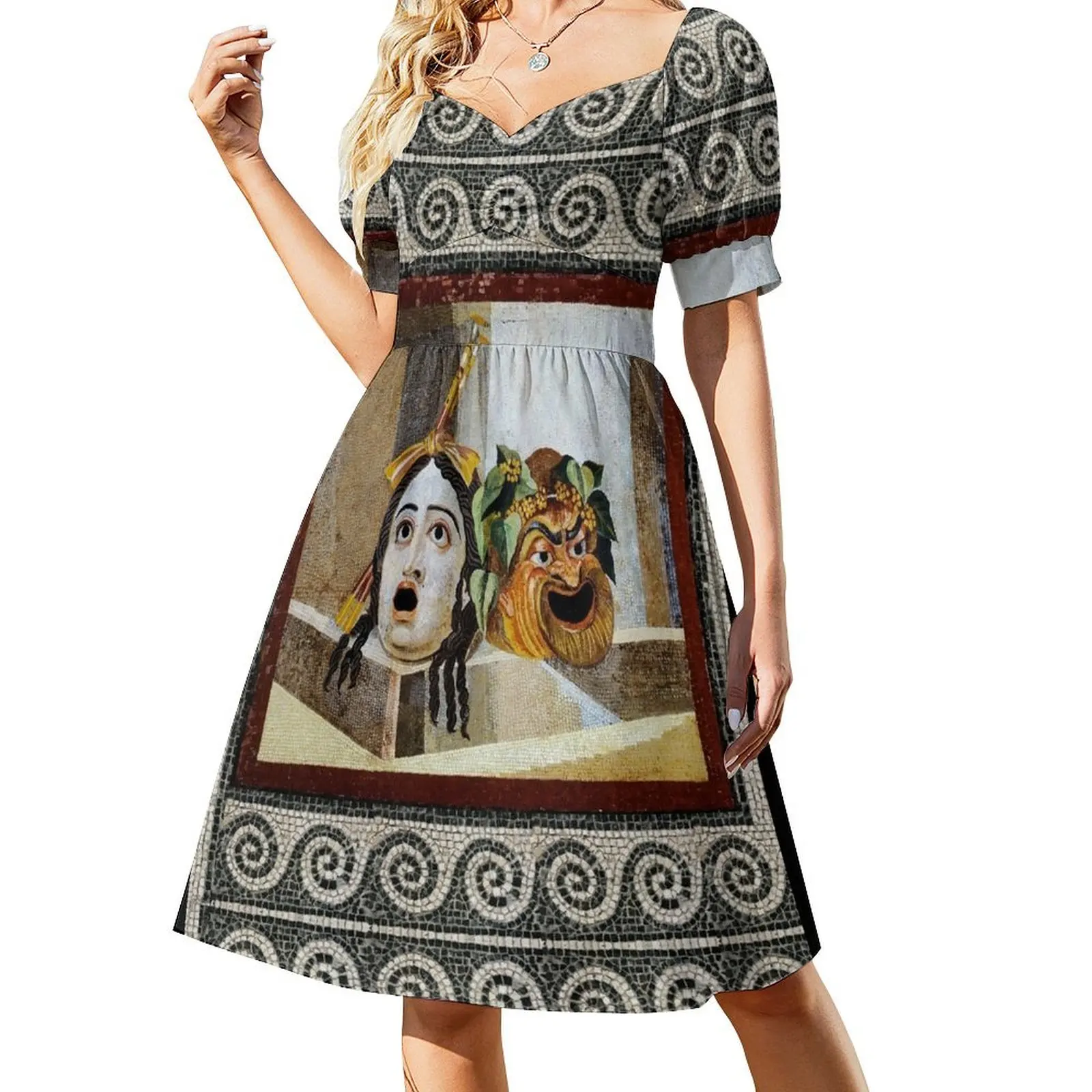 

ANTIQUE ROMAN MOSAICS ,GREEK COMEDY THEATER MASKS Short-Sleeved Dress summer dress daily evening dresses luxury 2025