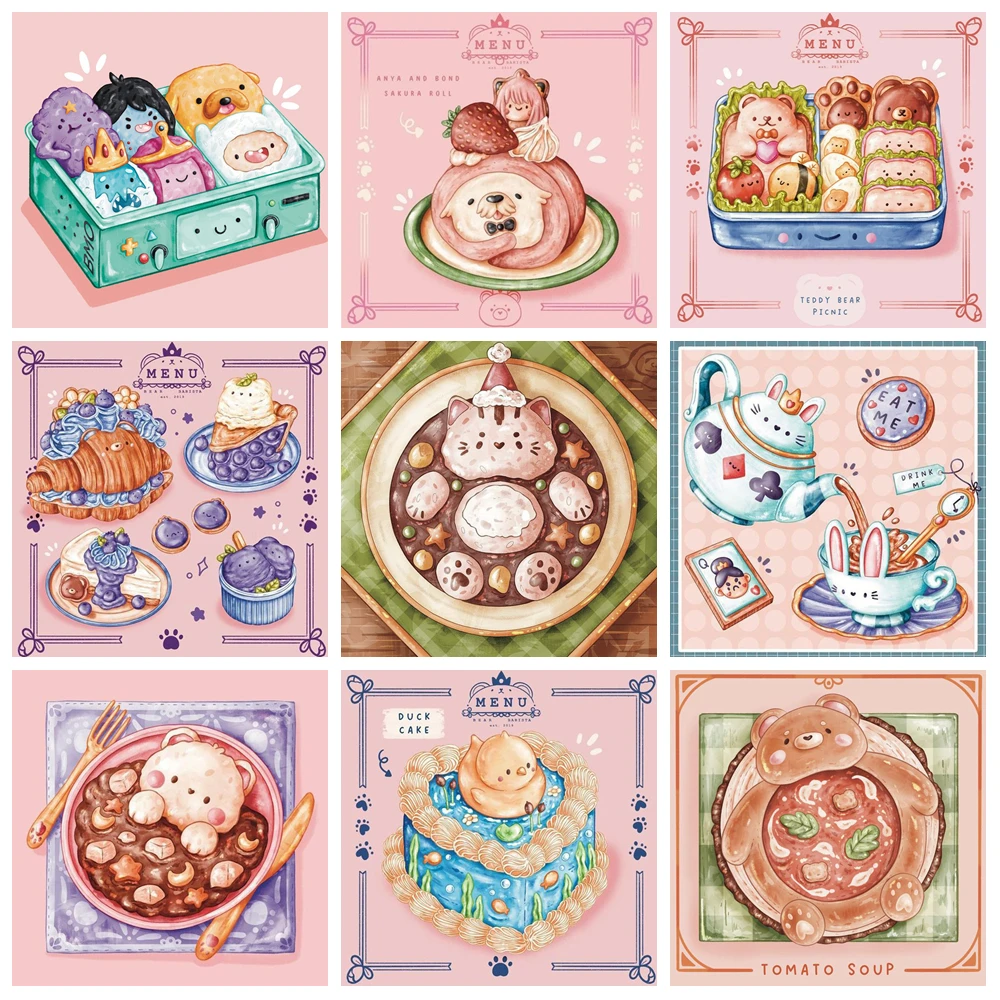 Cartoon Tier Dessert Menü Diamant Malerei Voll bohrer Stickerei Kreuz stich Kits Mosaik Bild Küche Wanda uf kleber Dekor