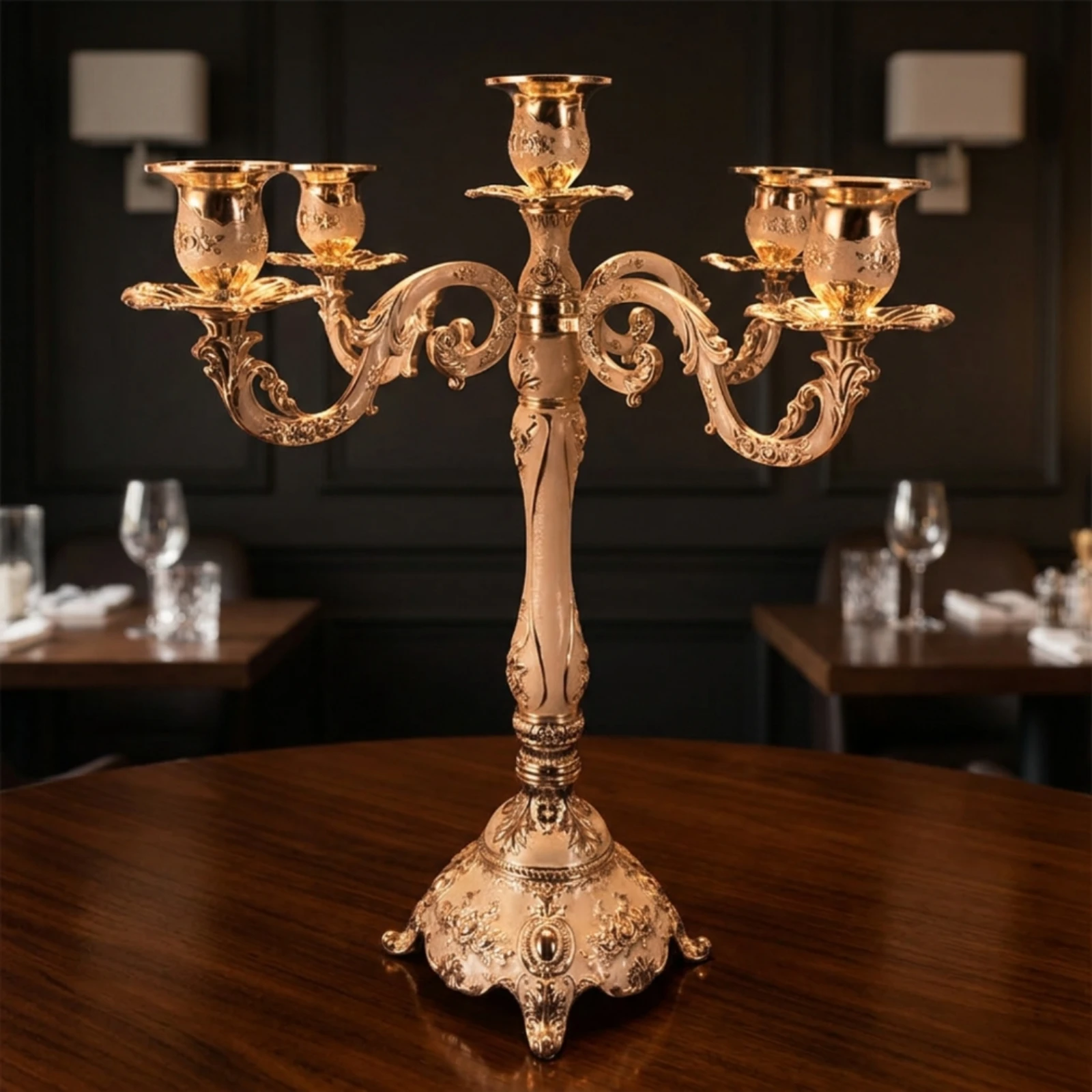 5-Arm Candelabra Ornate Candle Holder with Five Cups Candelabrum Shiny Floral for Wedding Planners, Table Centerpiece