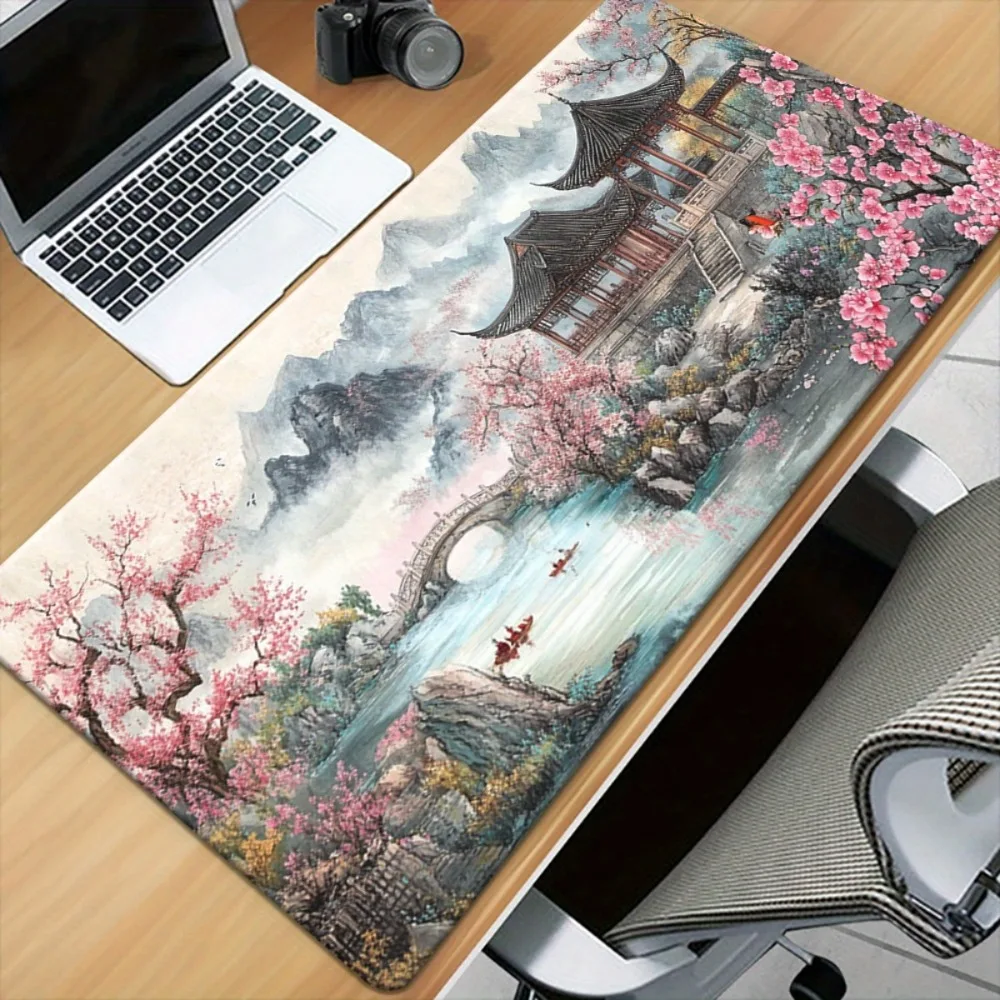 XXL-Gaming-Mauspad mit japanischem Landschaftsmotiv, inklusive Türme, Berge, Flüsse, rutschfester Oberfläche und hochauflösenden Pads.