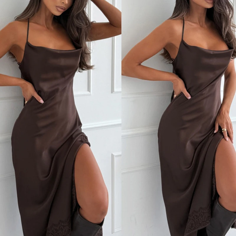 Women Fashion Embroidery Patchwork Satin Long Dress Casual Sleeveless Solid Party Dress Sexy Off Shoulder Backless Hollow Gowns