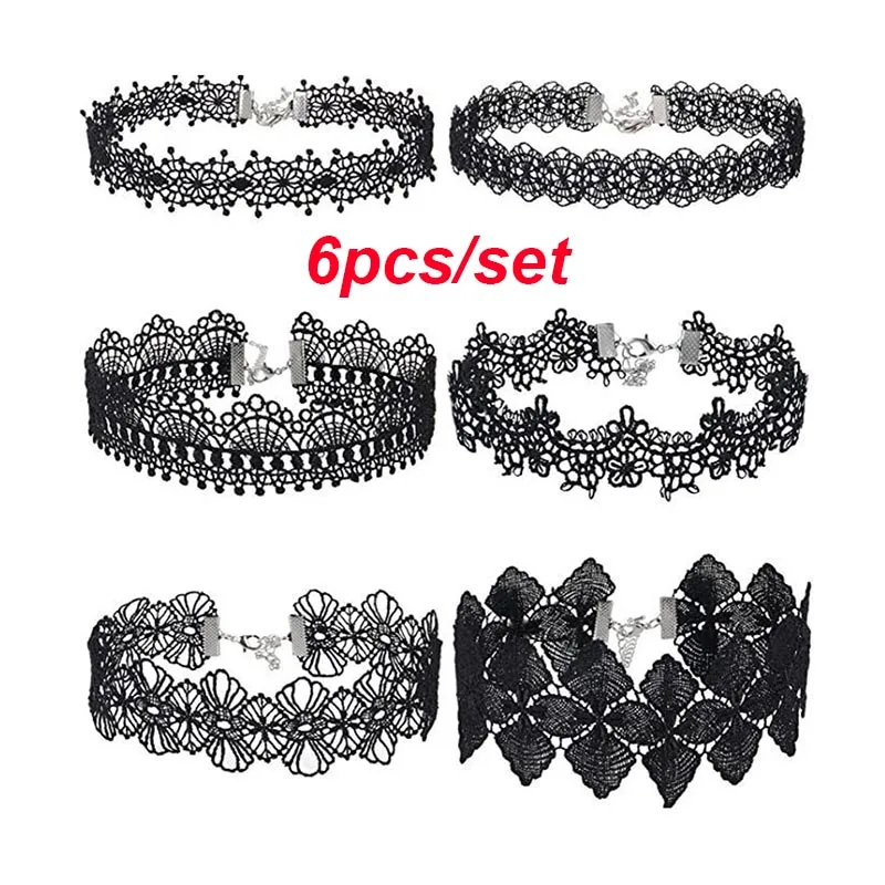6pcs/set Gothic Flower Lace Necklace for Women Fashion Sexy Retro Clavicle Chain Steam Punk Dark Loli Style Halloween Jewelry