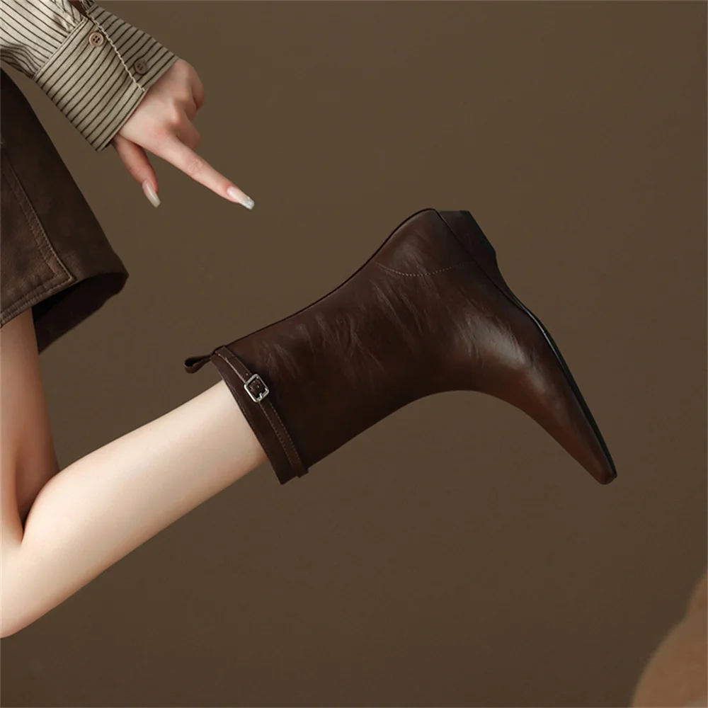 FEDONAS New Arrival Women Soft Leather Mid-calf Boots Low Wedges Heels Pointed Toe Party Dance Shoes Woman High Buckles Boots