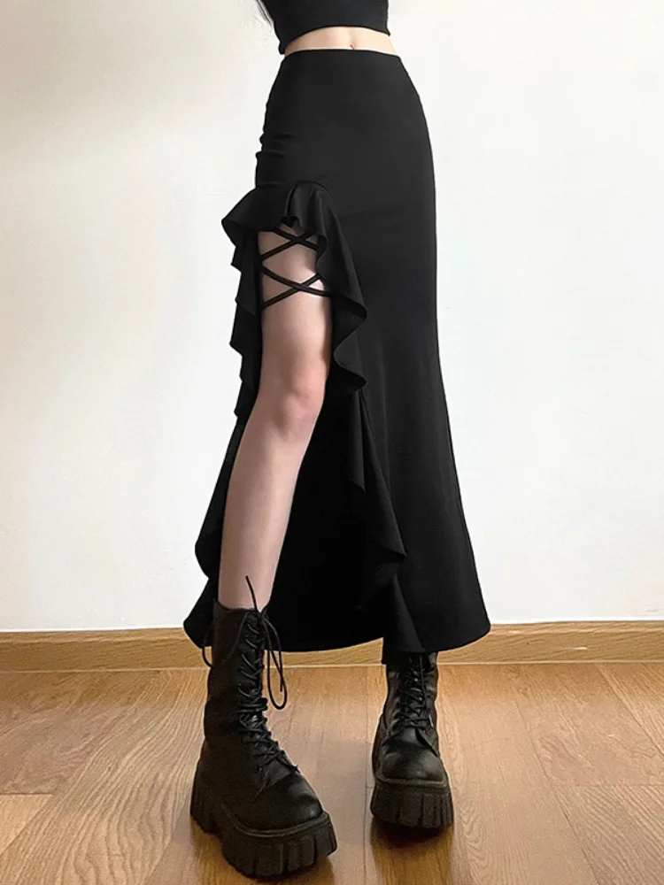 Solid Split Irregular Streetwear Casual Skirts Y2k Aesthetic Fashion High Waist Skirt Ruffled Women Fairy Sexy Harajuku Faldas