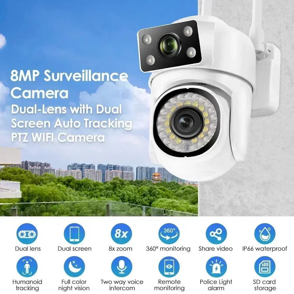 Wireless Outdoor Security Cameras, Surveillance Camera, Human Detect, Auto Tracking, Night Vision, impermeável, 8MP Dual Lens