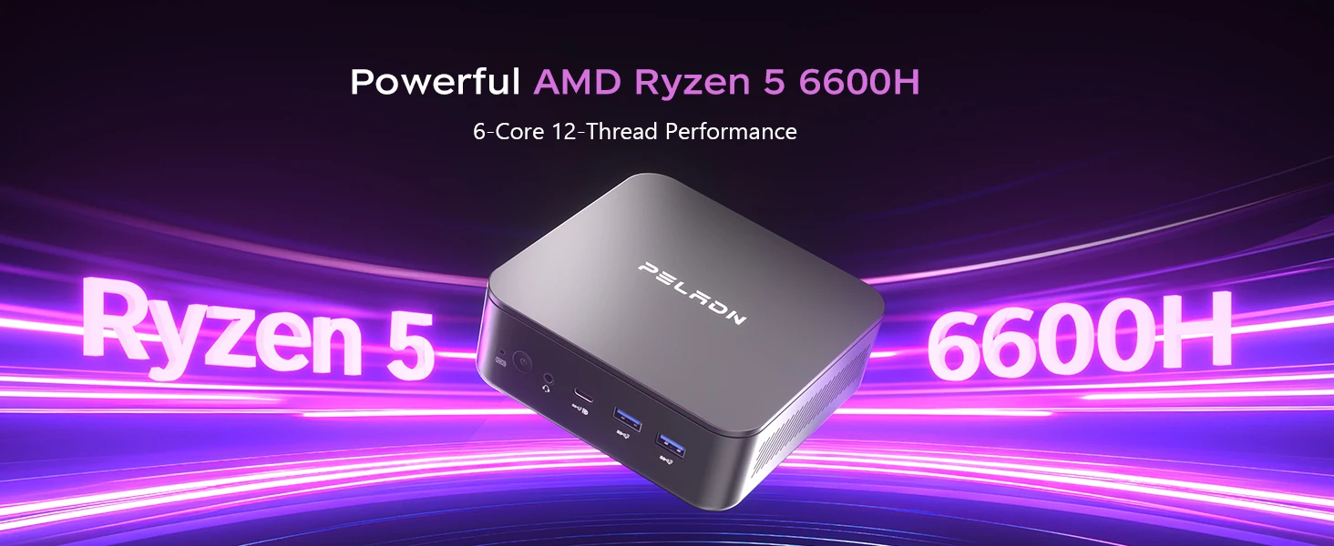 Peladn WO7 MiniPC AMD Ryzen™ 5 6600H (6 Cores,Up to 4.5 GHz) AMD Radeon™ 660M 16GB LPDDR5 512GB SSD WIFI 6 BT5.3 Support Dual Gigabit LAN Triple-Display 4K@60Hz Output Windows 11 pro Computer