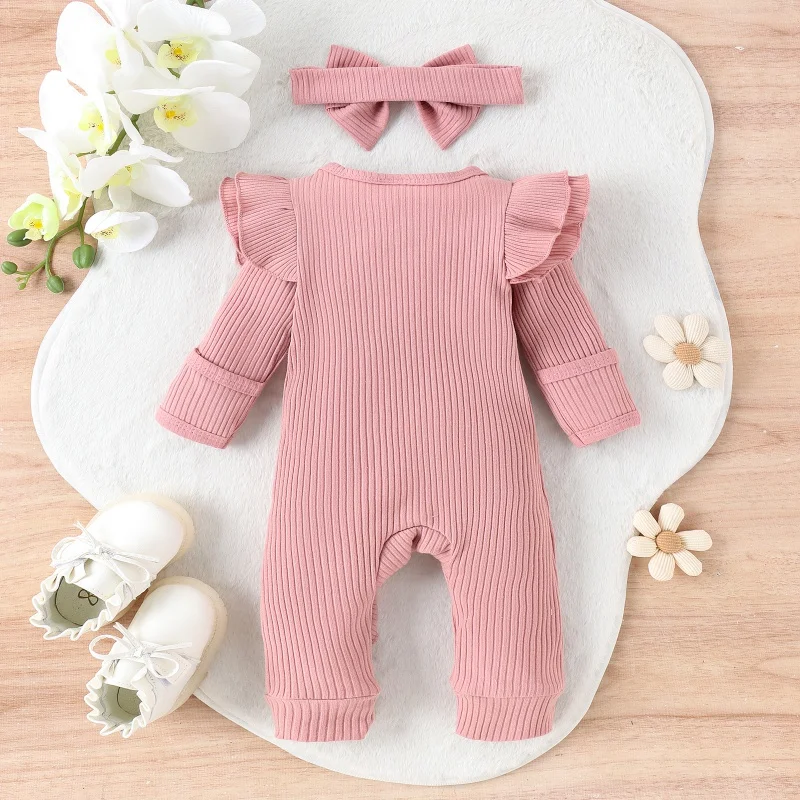 2Pcs Baby Clothes Long Sleeve Ruffle Decor Romper+Headband Autumn Infant Cotton Soft High Quality One-Piece Set Newborn Gift D2L