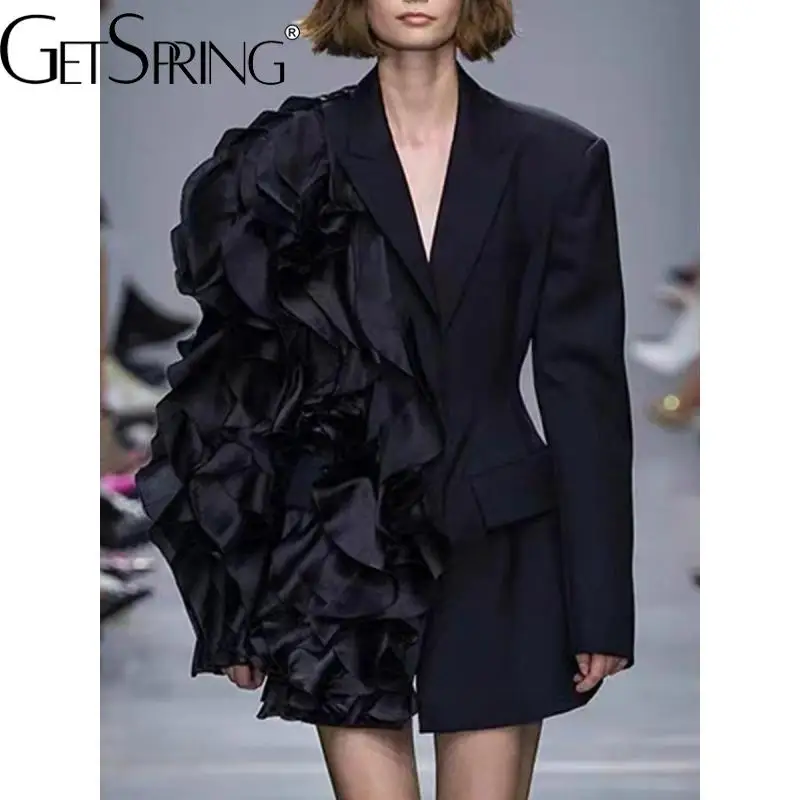 GetSpring Women Blazer 2024 Autumn Mesh Ruffled Stitching Single Button Irregular Ladies Black Blazer Coat Women's Suit Jacket