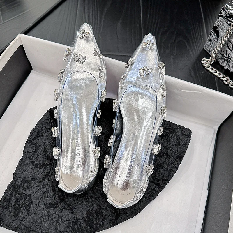 Silver Transparent Rhinestone High Heels Women 2024 Summer Banquet Red Bottom Fine Heel Crystal Wedding Shoes Tacones Mujer