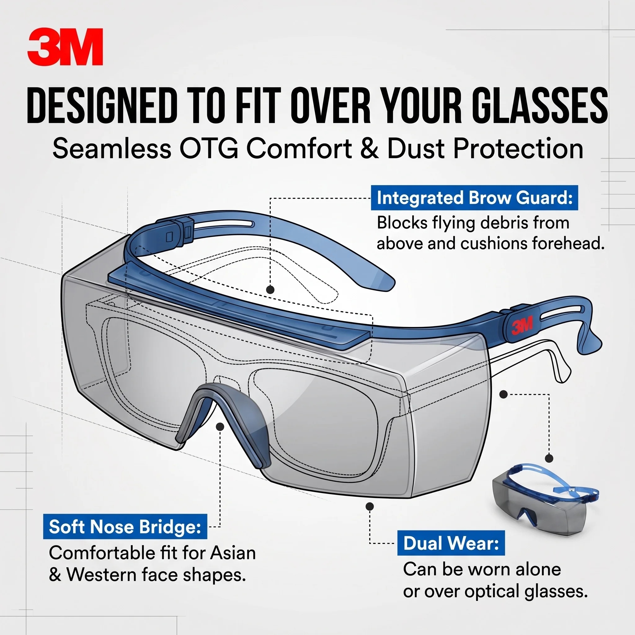 3M SF3702ASGAF OTG Safety Glasses Anti Fog Grey Tinted Lens Protective Eyewear Over Glasses Z87 Work Industrial Safety Goggles