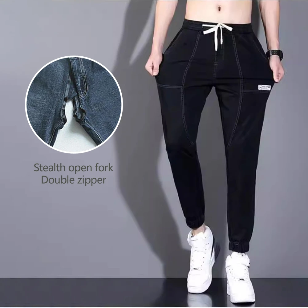 

Невидимые открытые промежности, универсальные прямые брюки для уличного секса, джинсы Харлан, мужские свободные эластичные талии, модная повседневная джинсовая одежда