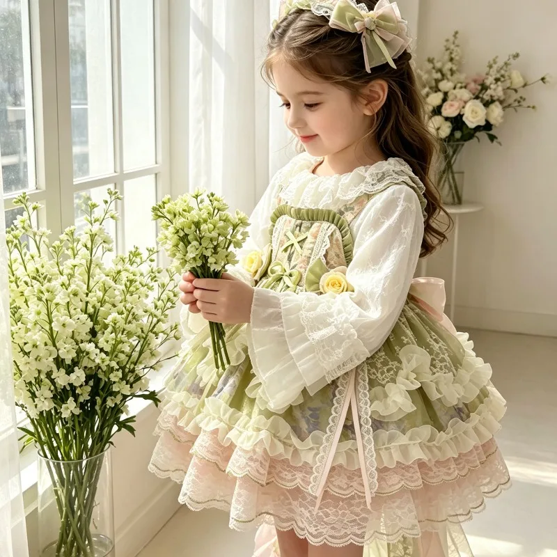Kinder Lolita JSK Kleid Spitze Rüschen Spaghettiträger 3D-Blume Rosa Gerüschter Tüllrock Süßes Prinzessinnen-Teeparty-Kinderoutfit – Detail 4