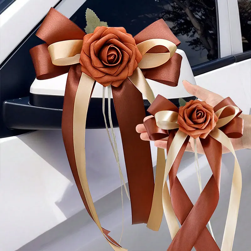 1 fleur pompon pour décoration de rétroviseur, fleur pour voiture de mariage, fleur multicolore à tête unique pour voiture, nœud en ruban pour décoration de scène de mariage, rampe d'escalier