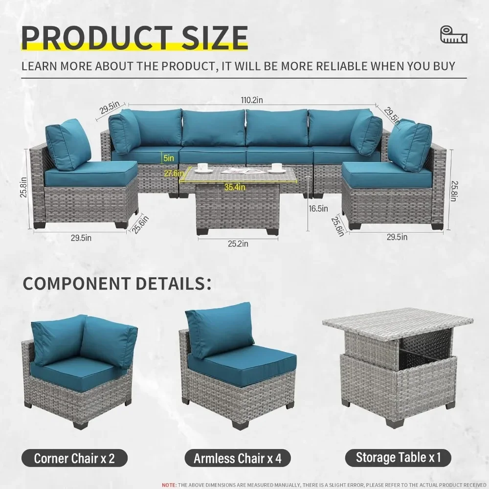 Outdoor Sofa Sets,  with Liftable Storage Table, Non-Slip Cushions and Furniture Cover, 7 Piece All Weather Wicker Sofas Sets