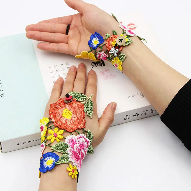 Chinese Ethnic Embroidered Flower Gloves 3D Half Finger Gloves For Women Marriage Accessories Lace Gloves Without Fingers