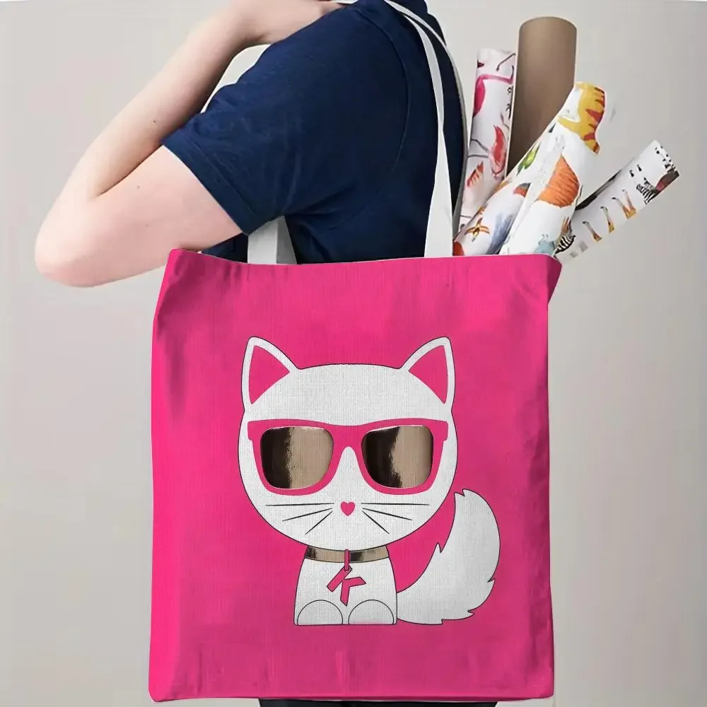 Shopping Bags Canvas Printing Cute Cat Sunglasses Storage Double Sided Tote Bag Large Capacity Shoulder Fashion Handbag