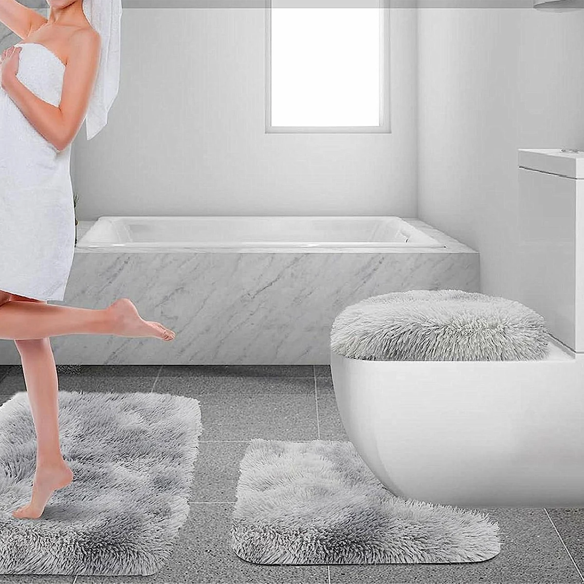 

3pc Bathroom Set Rug Mat Toilet Lid Cover Plain Solid Color Bathmats Rugs Kit Non-Slip Fluffy Home Carpets For Bathroom