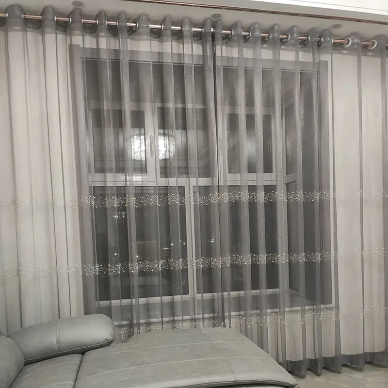 Cortinas de tul bordadas con perlas de meteorito para sala de estar, cuentas de lujo, blancas/grises, transparentes, Volie para balcón, ZH452 # VT