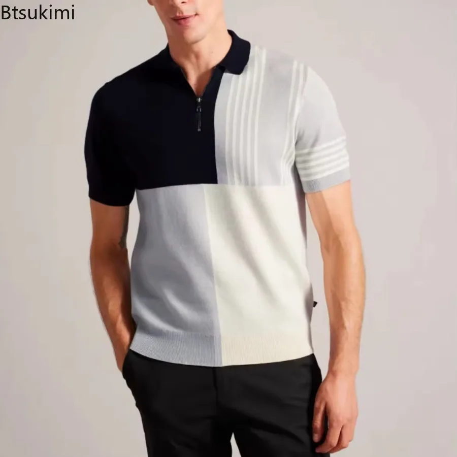

New 2025 Men's Summer Knit Short Sleeve Polo Shirts Fashion Contrast Color Design Breathable Casual T-shirts Male Knitwear Tops