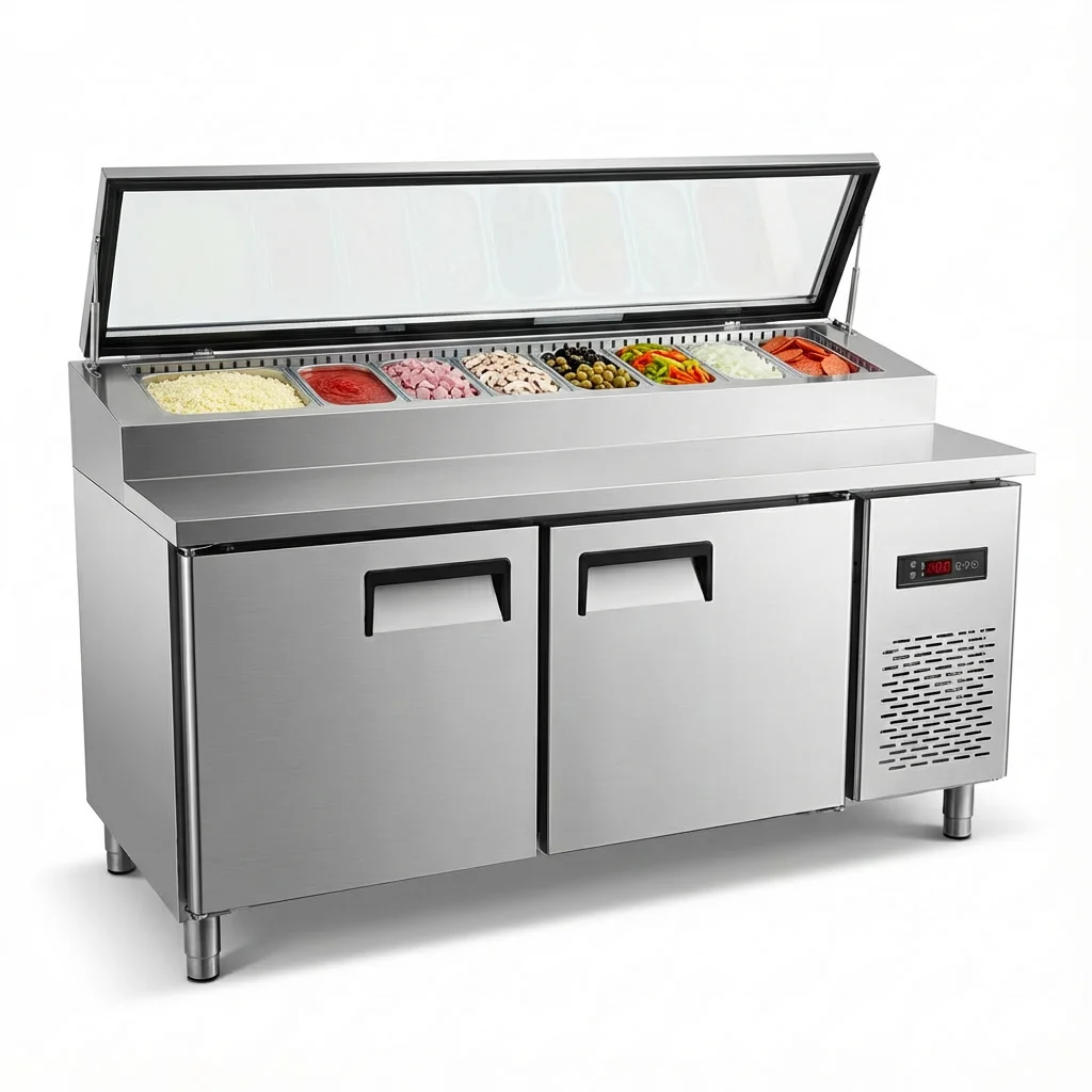 

rd-Commercial Salad Prep Table 2-Door Air Cooling Display Fridge with Automatic Defrost for Pizza and Subway#