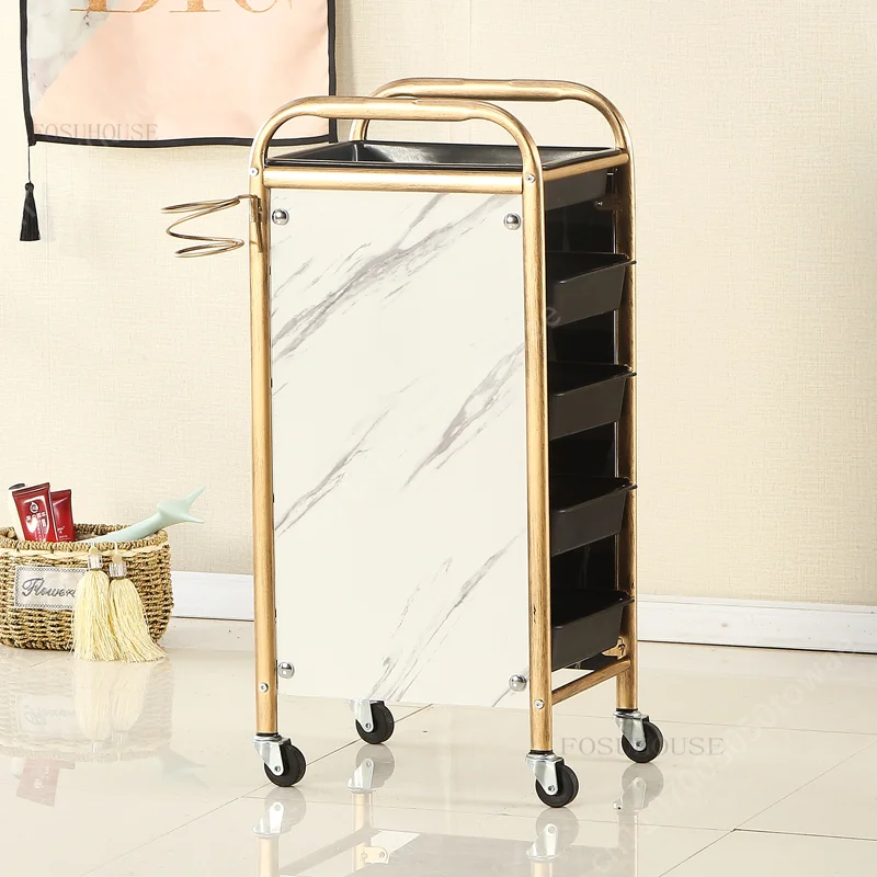 

Luxury Gold Salon Trolley Cart, 5-Drawer Rolling Utility Cart with Hair Dryer Holder, Beauty Storage Cart for Salon & Spa