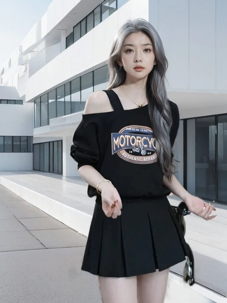 Sweat-shirt à épaules irrégulières pour femmes, imprimé de lettres, Hong Kong, fille épicée, nouveau haut Unique, Super beau, tendance, printemps