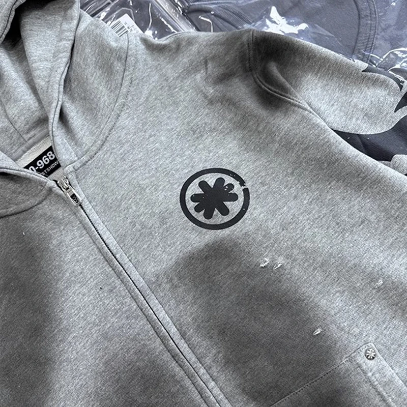 Stain Washed Lost Shdws Hole Damaged Zipper Hoodie Jacket Men Women Flame Flower Print Sweatshirts Oversized Hooded Pullovers