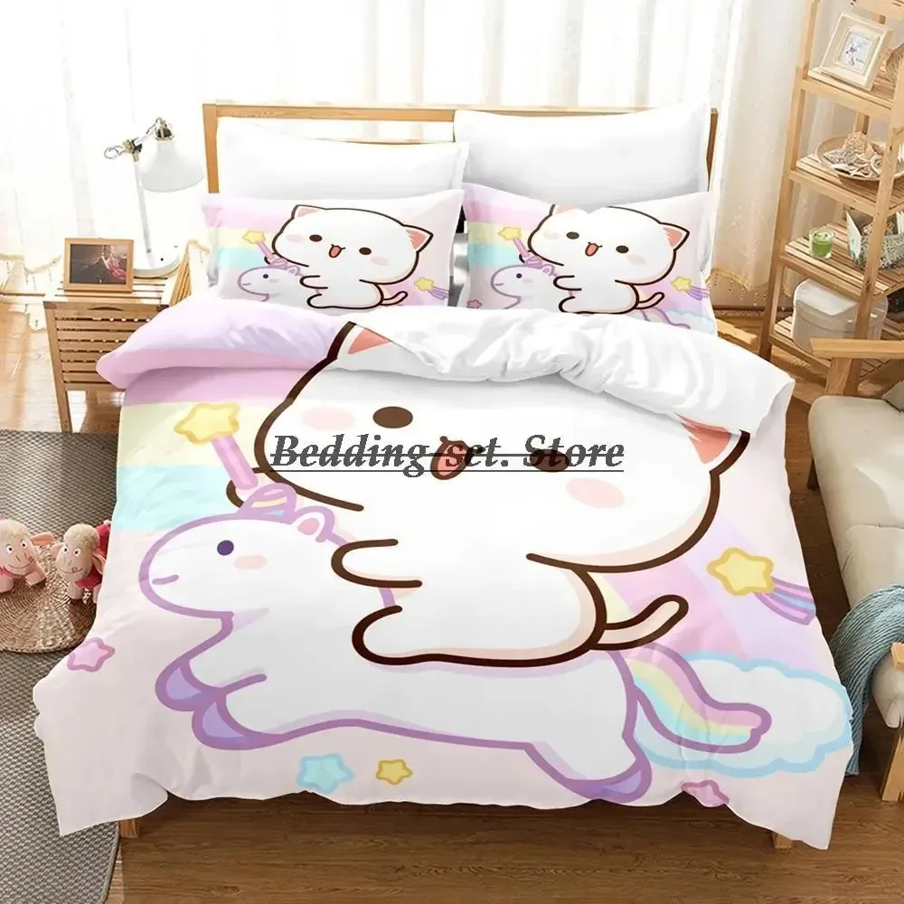 

Lovely Peach Cat Bedding Set Cartoon Comforter Sets Double Queen King Twin Full Size Duvet Cover Set Kids Girls White Bed Linen