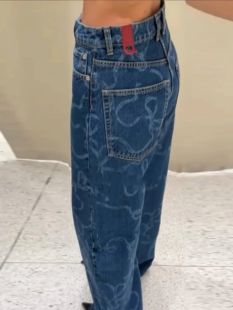 Impresso cintura baixa baggy denim calças femininas soltas perna larga zíper bolso jeans 2025 primavera verão senhora vintage y2k alta streetwear