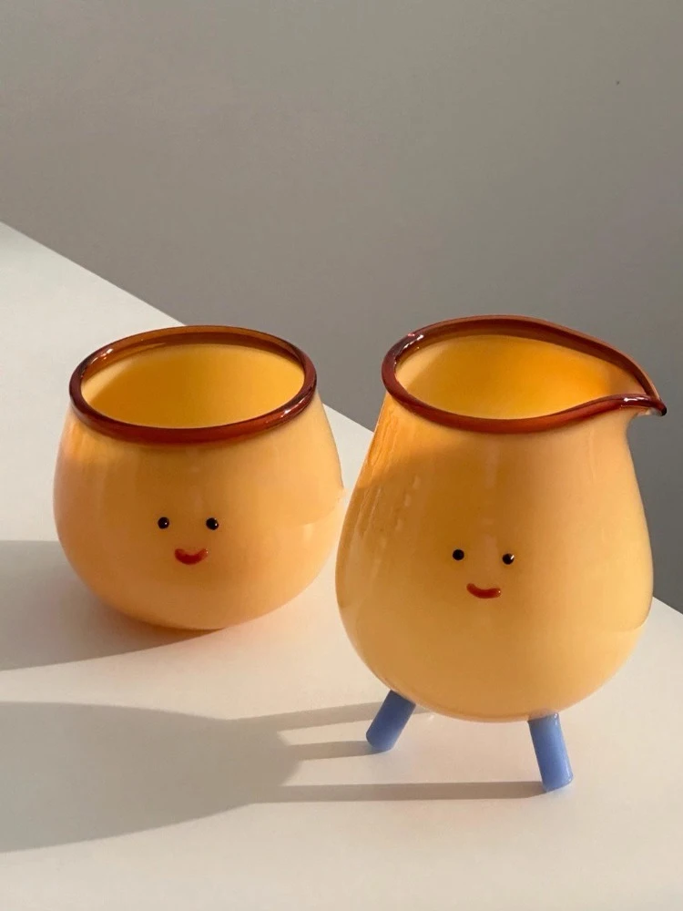 AhunderJiaz Creative Cute Colorful Glass Cup Smiling Cute Water Cup Cartoon Glass Cup Kitchen Cutlery Set Home Decoration